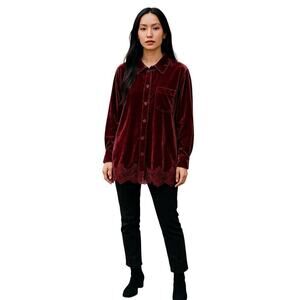 Soft Surroundings Red Velvet Blouse Womens Large Burgundy Lace Trim Long Sleeve